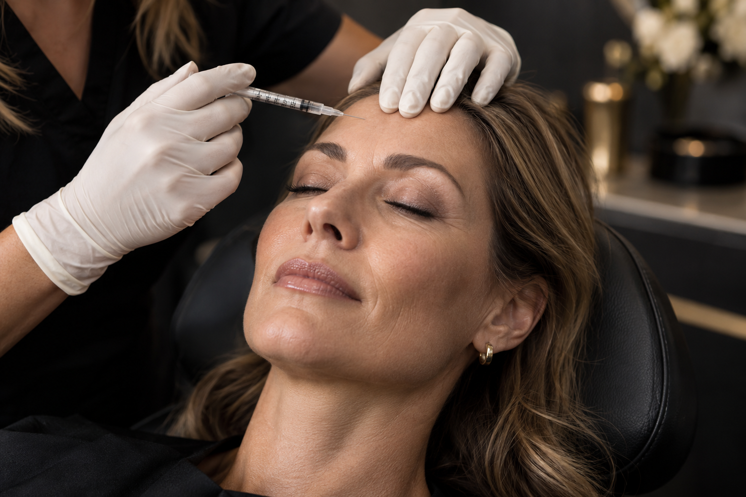 Botox treatment being administered to smooth facial expression lines — AI-generated illustrative image, not an actual patient or clinical record. / Tratamiento de Botox aplicado para suavizar las líneas de expresión — imagen ilustrativa generada con IA, no es un paciente ni un registro clínico real.