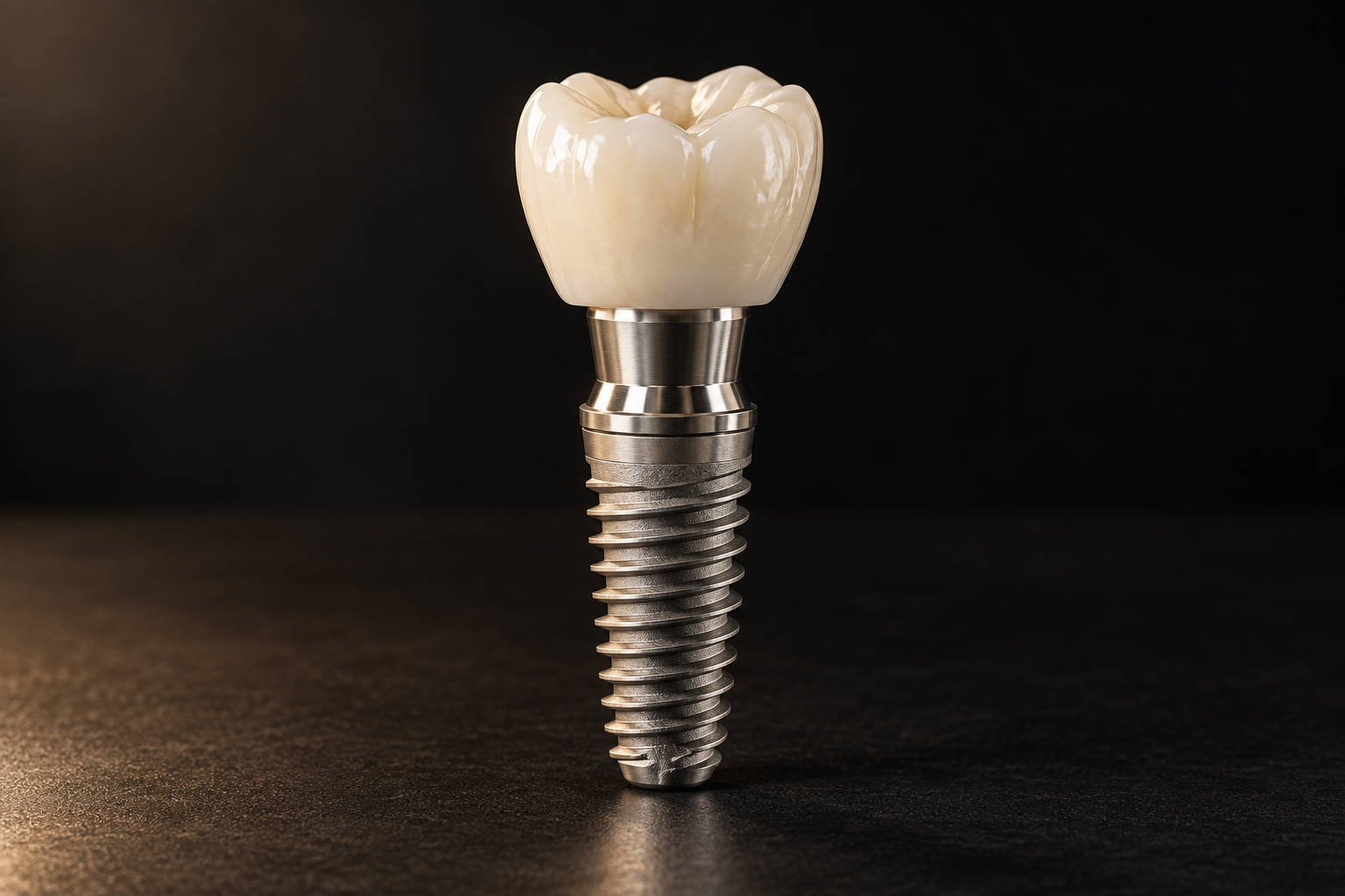 Dental implant with crown illustrating the Implant Dentistry treatment at Smile Studio — AI-generated illustrative image, not an actual clinical case. / Implante dental con corona que ilustra el tratamiento de Implantología en Smile Studio — imagen ilustrativa generada con IA, no es un caso clínico real.
