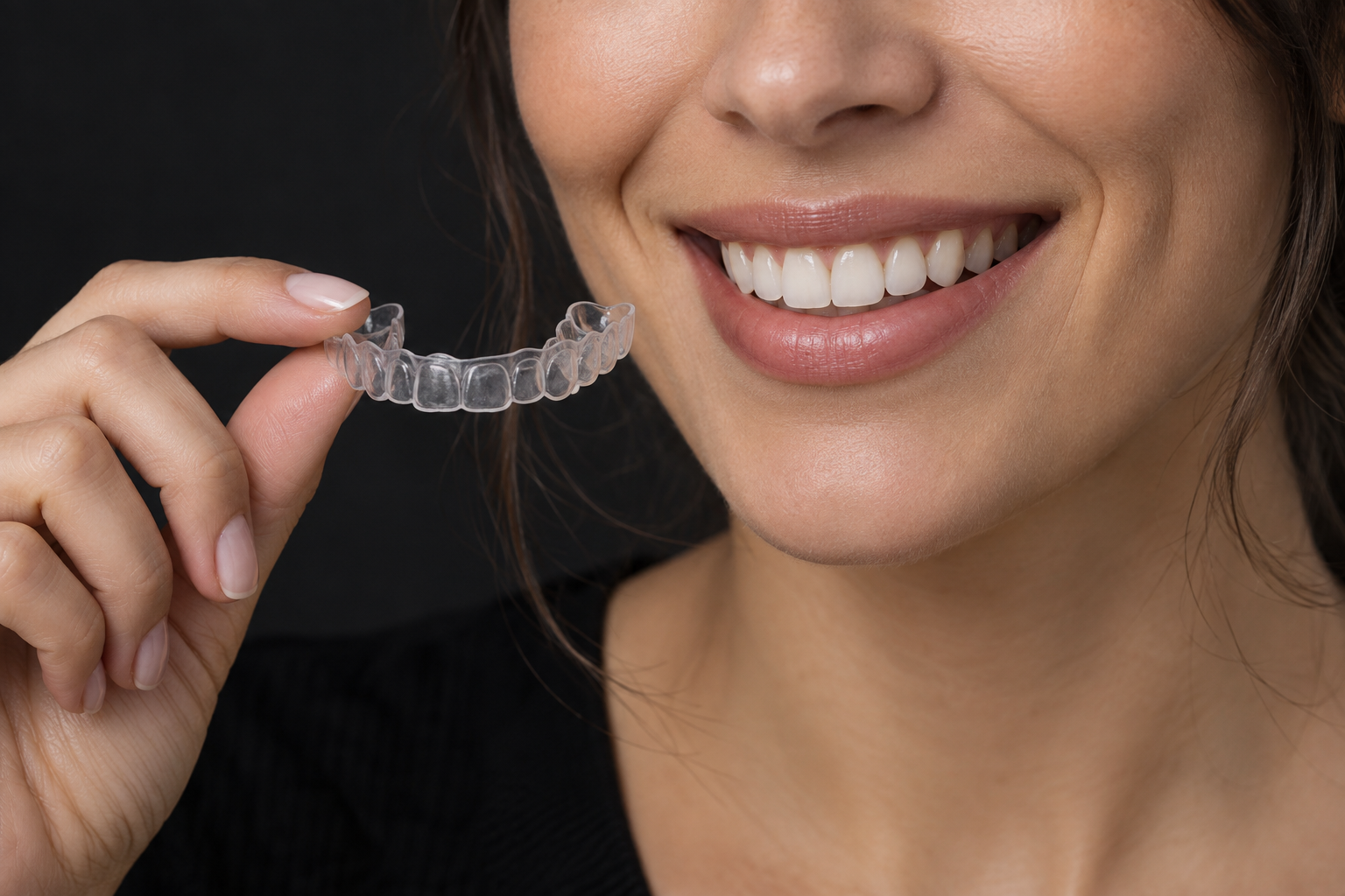 Smile with a clear aligner illustrating the Orthodontics treatment at Smile Studio — AI-generated illustrative image, not an actual patient. / Sonrisa con un alineador transparente que ilustra el tratamiento de Ortodoncia en Smile Studio — imagen ilustrativa generada con IA, no es un paciente real.