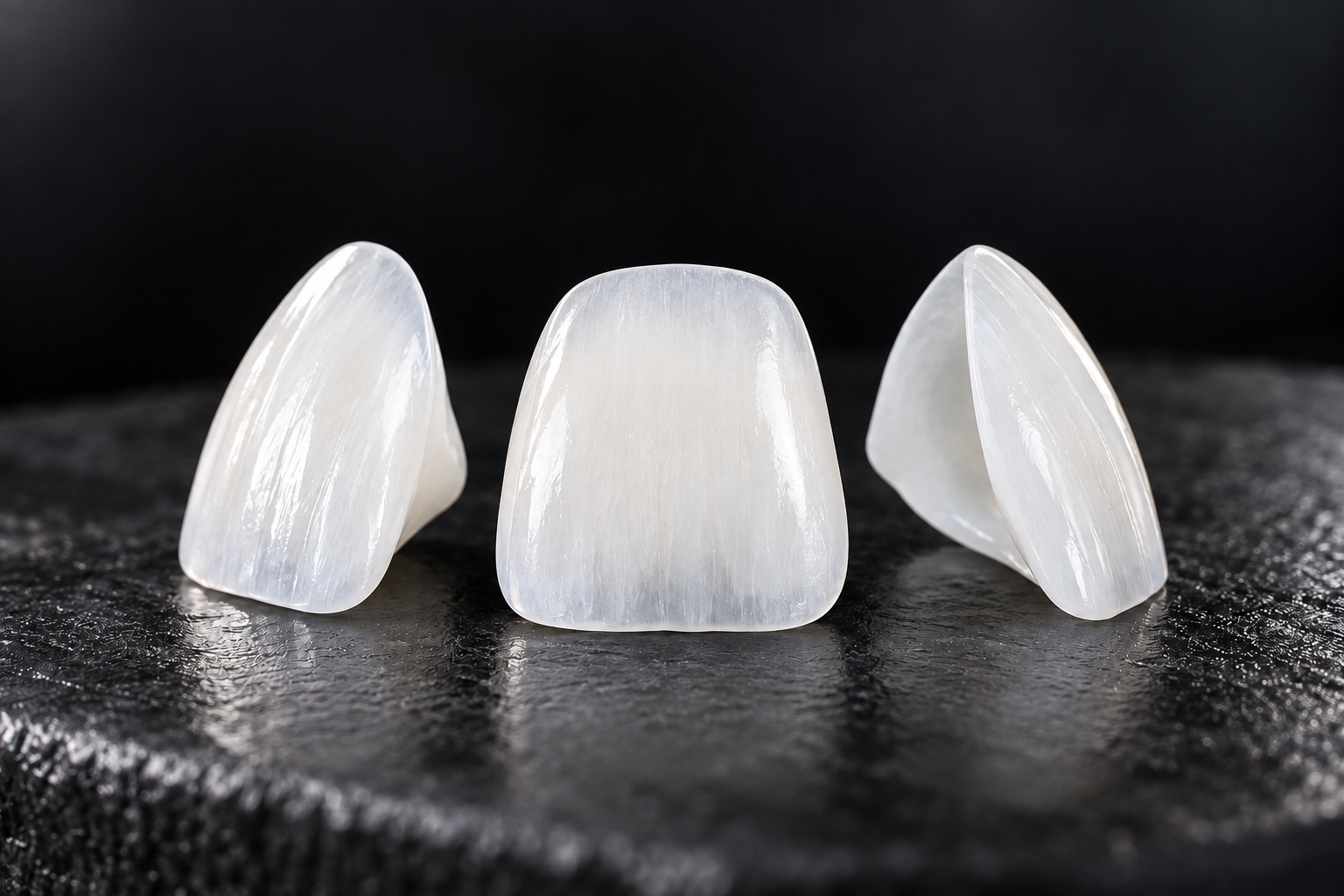 Set of dental veneers illustrating the Micro CAD Aesthetic Veneers treatment at Smile Studio — AI-generated illustrative image, not an actual clinical case. / Juego de carillas dentales que ilustra el tratamiento de Micro CAD Aesthetic Veneers en Smile Studio — imagen ilustrativa generada con IA, no es un caso clínico real.
