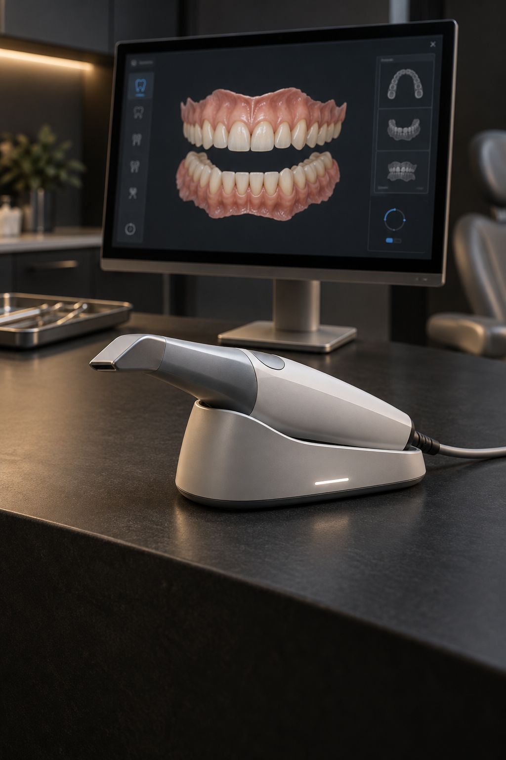 Digital intraoral scanner and chairside monitor displaying a 3D dental scan, illustrating Smile Studio's digital technology — AI-generated illustrative image, not an actual photo of the clinic's equipment. / Escáner intraoral digital y monitor mostrando un escaneo dental 3D, que ilustra la tecnología digital de Smile Studio — imagen ilustrativa generada con IA, no es una fotografía real del equipo de la clínica.